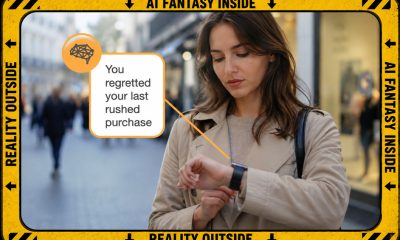 AI-generated image (GPT Image 2): street scene showing a woman in a beige coat looking at her smartwatch beside an orange notification reading 'You regretted your last rushed purchase', with blurred pedestrians and shopfronts in the background, enclosed within a distressed yellow-and-black border labeled 'AI FANTASY INSIDE' and 'REALITY OUTSIDE' with arrows and hazard markings.