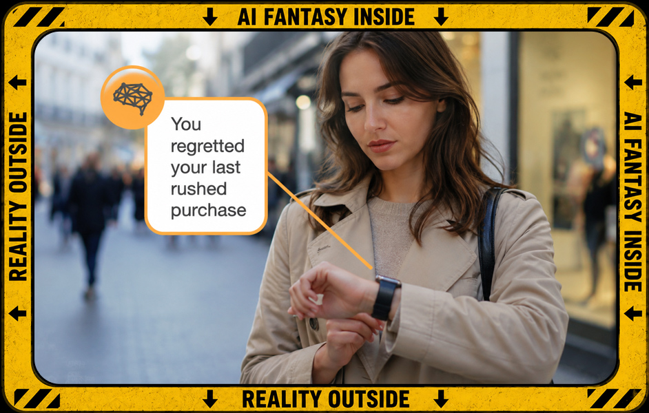 AI-generated image (GPT Image 2): street scene showing a woman in a beige coat looking at her smartwatch beside an orange notification reading 'You regretted your last rushed purchase', with blurred pedestrians and shopfronts in the background, enclosed within a distressed yellow-and-black border labeled 'AI FANTASY INSIDE' and 'REALITY OUTSIDE' with arrows and hazard markings.