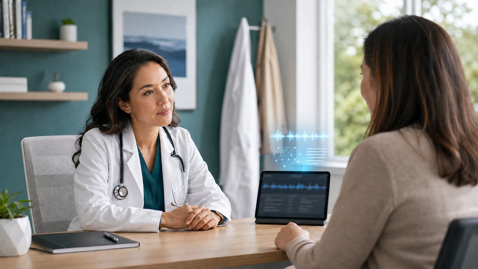 Physician speaking with a patient as an AI medical scribe visualizes audio and draft notes above a tablet