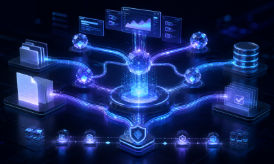 Abstract RPA control plane connecting applications, documents, databases, approvals, and secure automation nodes
