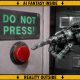 AI-generated image (GPT-2): An industrial robotic hand reaches toward a large red emergency-style push button beneath a metal sign reading 'DO NOT PRESS!' in bright green lettering, with industrial equipment visible in the background. A yellow-and-black border surrounds the image, carrying the repeated text 'AI FANTASY INSIDE' and 'REALITY OUTSIDE'.