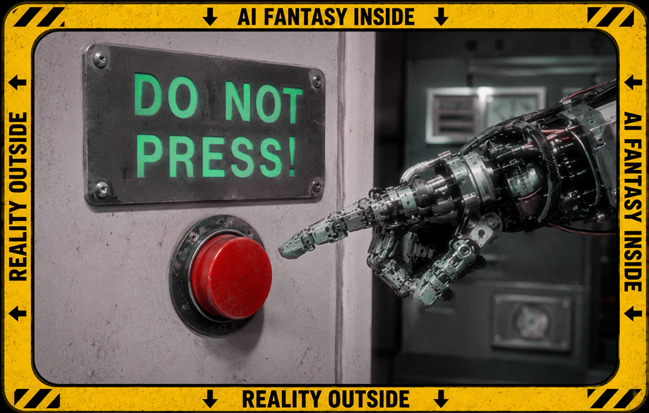 AI-generated image (GPT-2): An industrial robotic hand reaches toward a large red emergency-style push button beneath a metal sign reading 'DO NOT PRESS!' in bright green lettering, with industrial equipment visible in the background. A yellow-and-black border surrounds the image, carrying the repeated text 'AI FANTASY INSIDE' and 'REALITY OUTSIDE'.