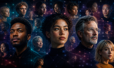 Gallery of diverse fictional AI-generated faces connected by an abstract digital lattice