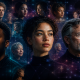Gallery of diverse fictional AI-generated faces connected by an abstract digital lattice