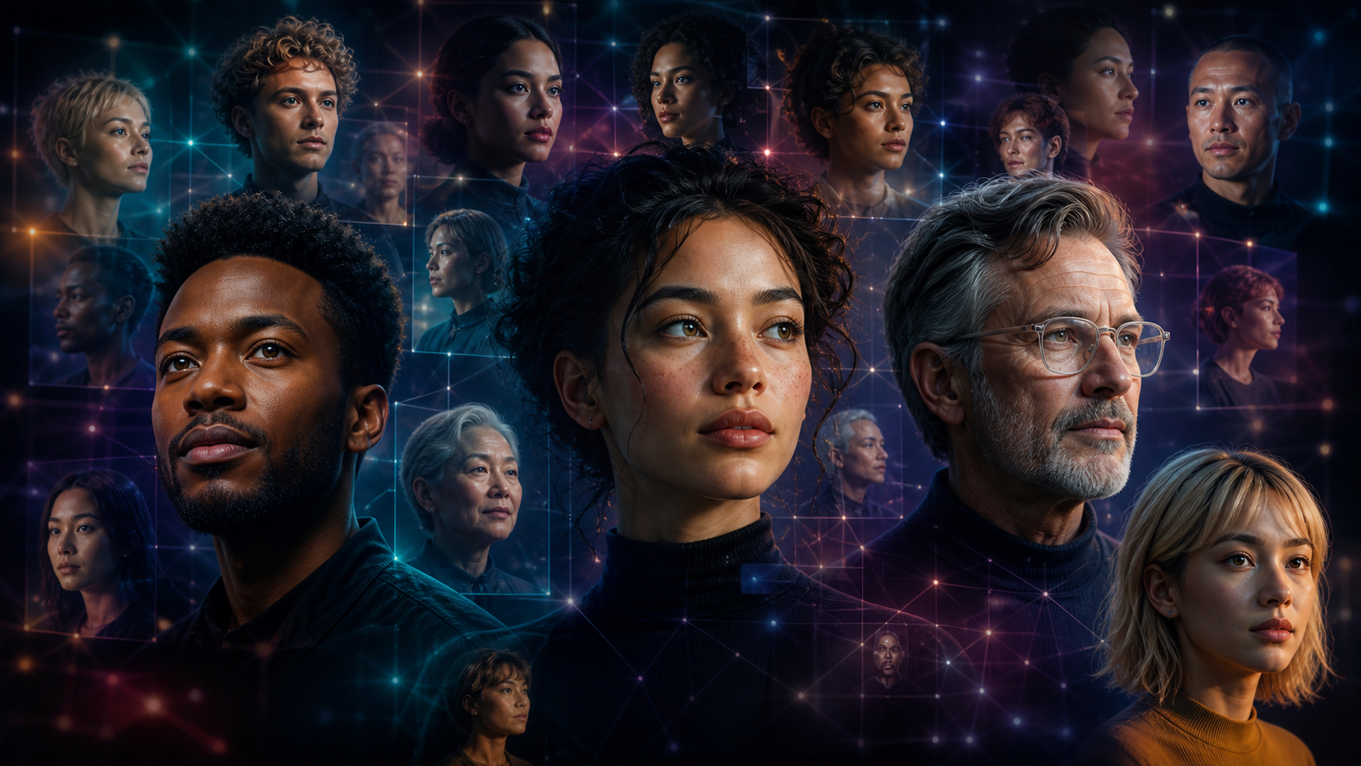 Gallery of diverse fictional AI-generated faces connected by an abstract digital lattice