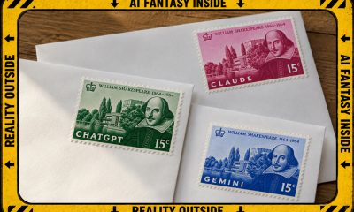 AI-Generated article illustration (GPT Image 2): three overlapping white envelopes carry Shakespeare stamps labeled 'CLAUDE', 'CHATGPT' and 'GEMINI' in pink, green and blue, resting on a wooden surface. A yellow-and-black warning-style border surrounds the scene, reading 'AI FANTASY INSIDE' and 'REALITY OUTSIDE', with black arrows and striped corner markings.
