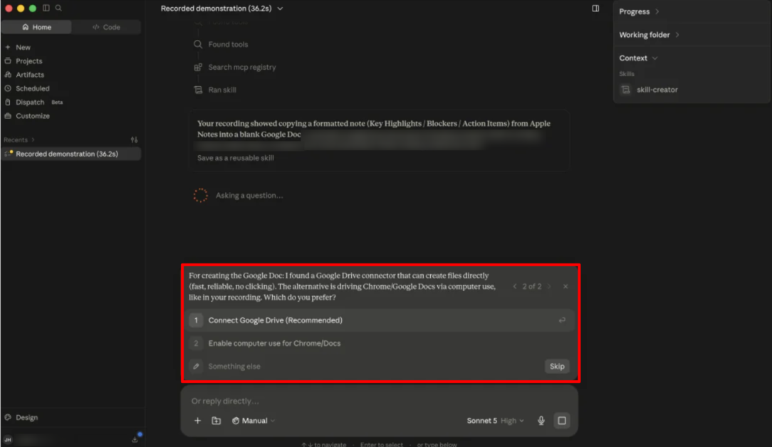 Claude Cowork Record a Skill feature asking to add connectors.