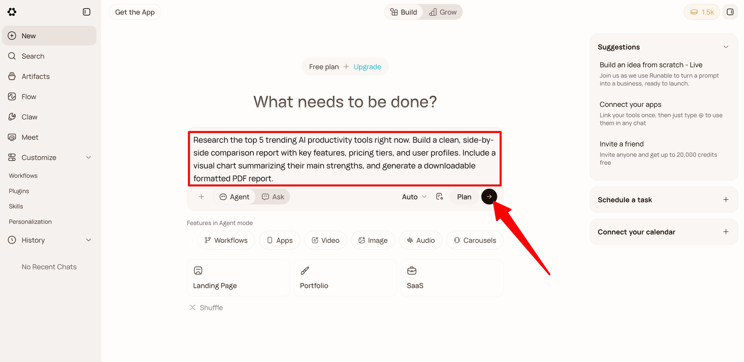 Telling Runable to do research, build a report, and turn it into a downloadable PDF.