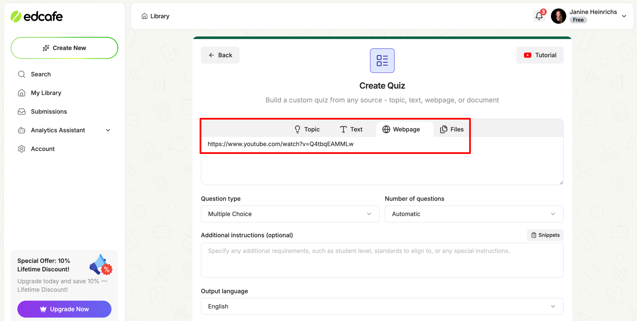 Choosing how to start creating a new quiz with Edcafe AI.