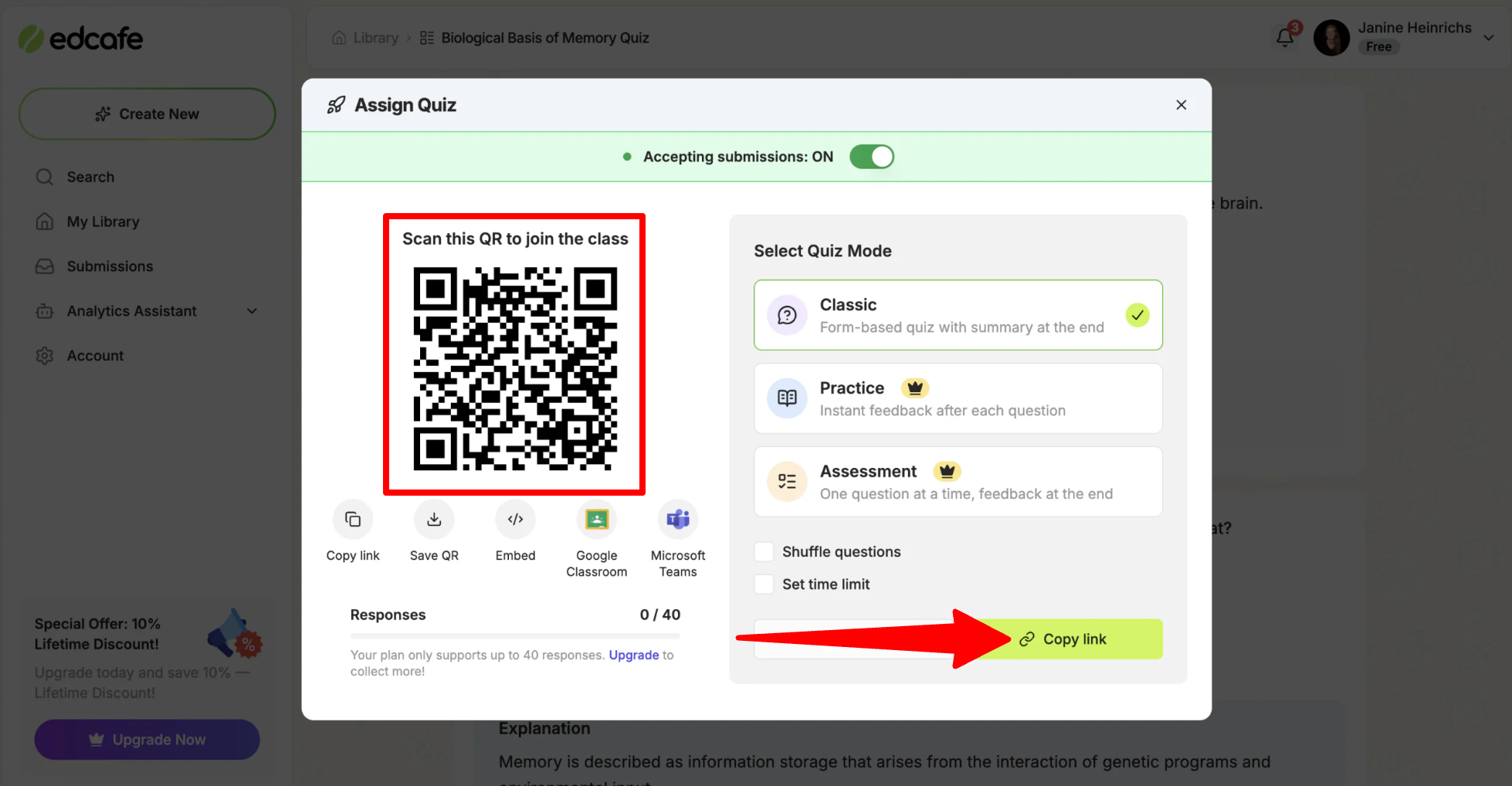 The QR code to access the quiz generated with Edcafe AI.