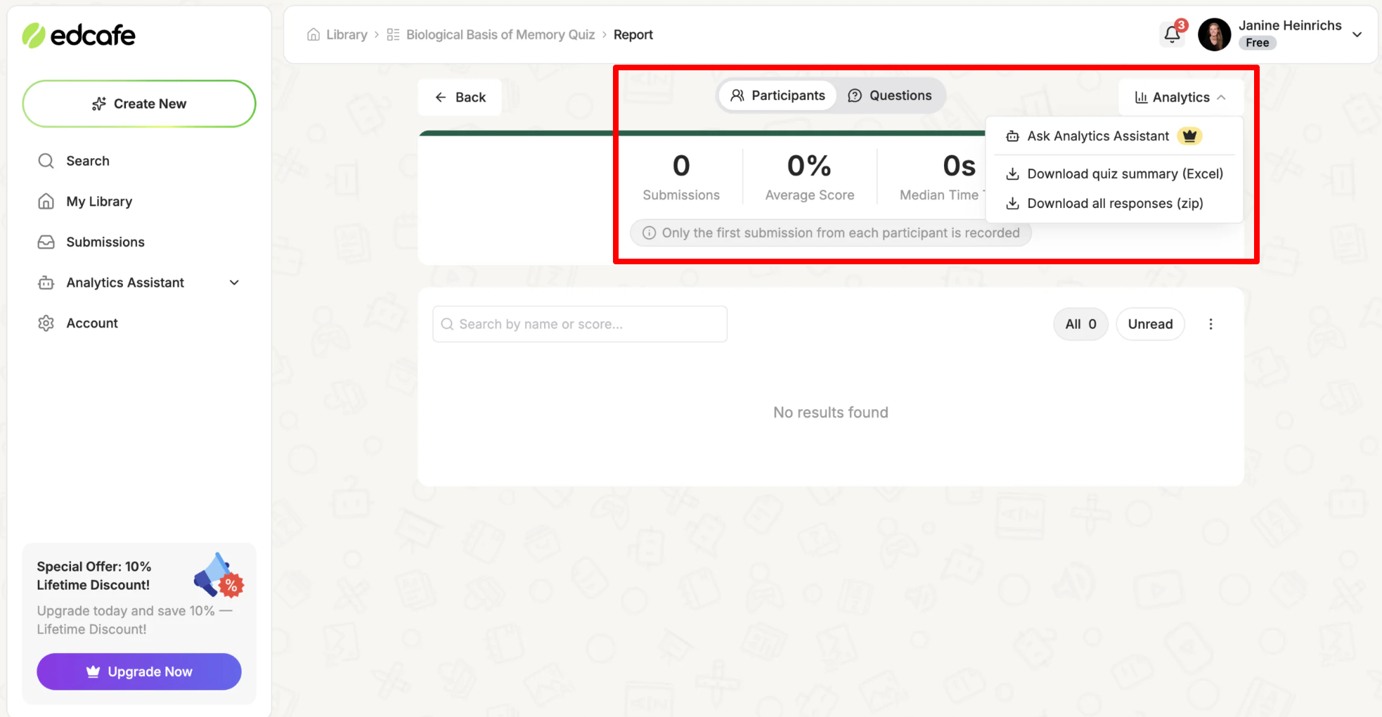 Checking the submissions and class performance of a quiz on Edcafe AI.