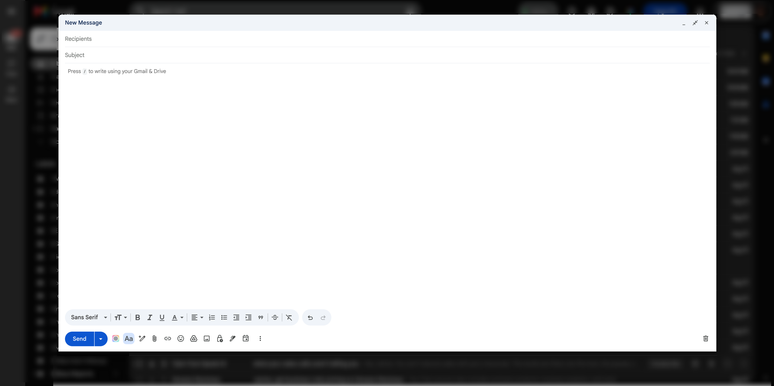 An empty email draft on Gmail.