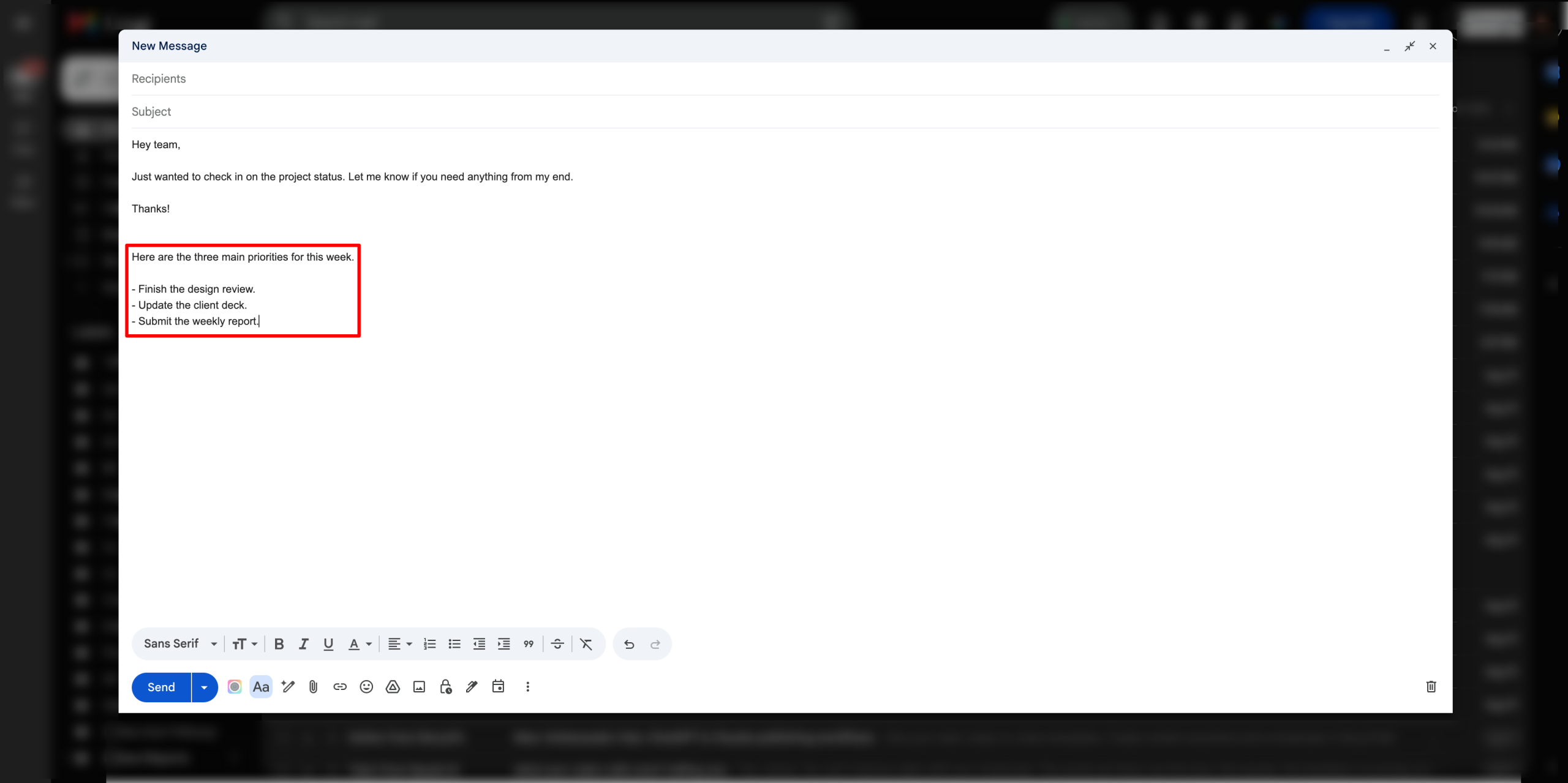 Formatting an email with the built-in voice commands.