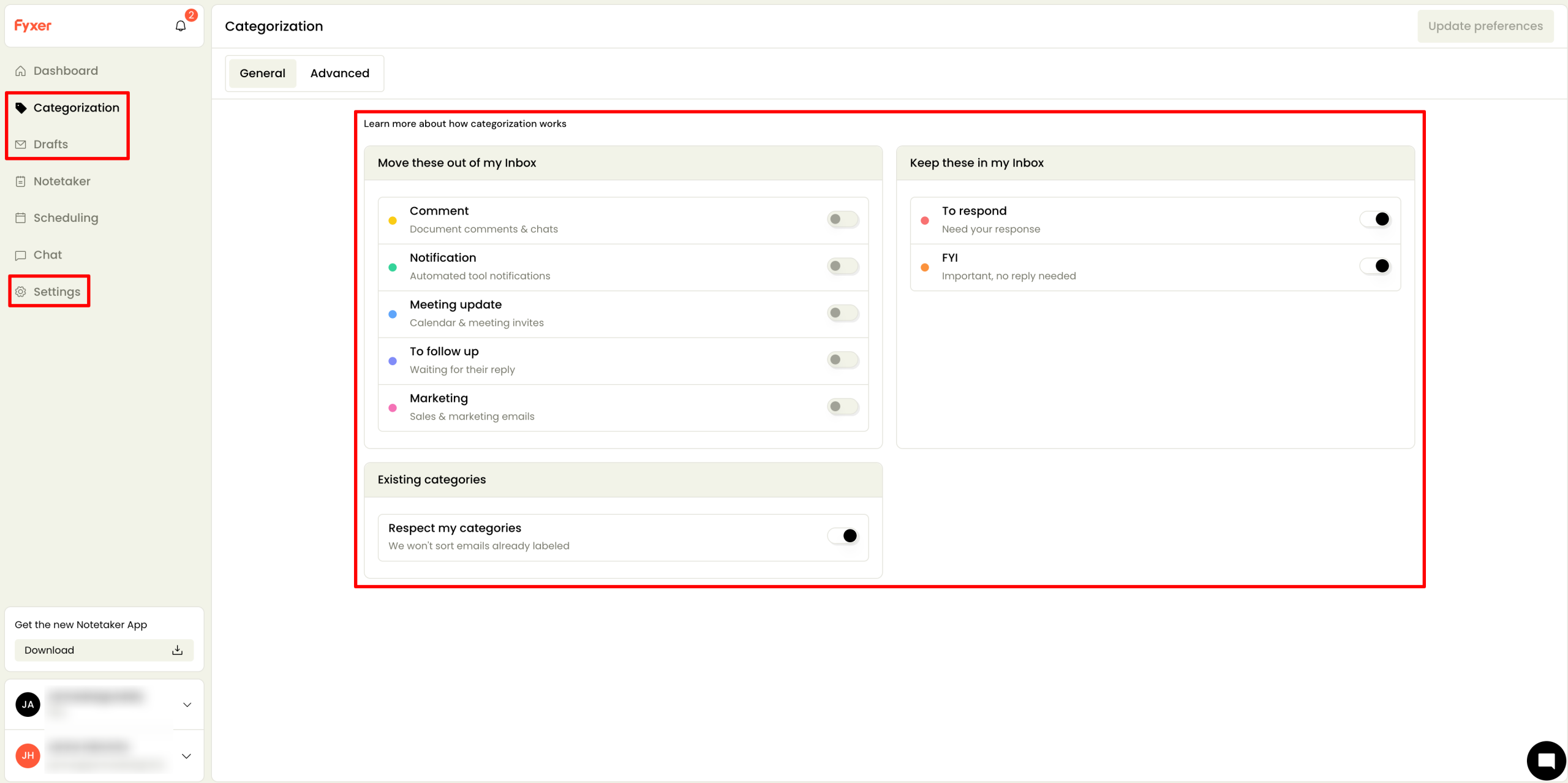 Adjusting the settings in Fyxer.