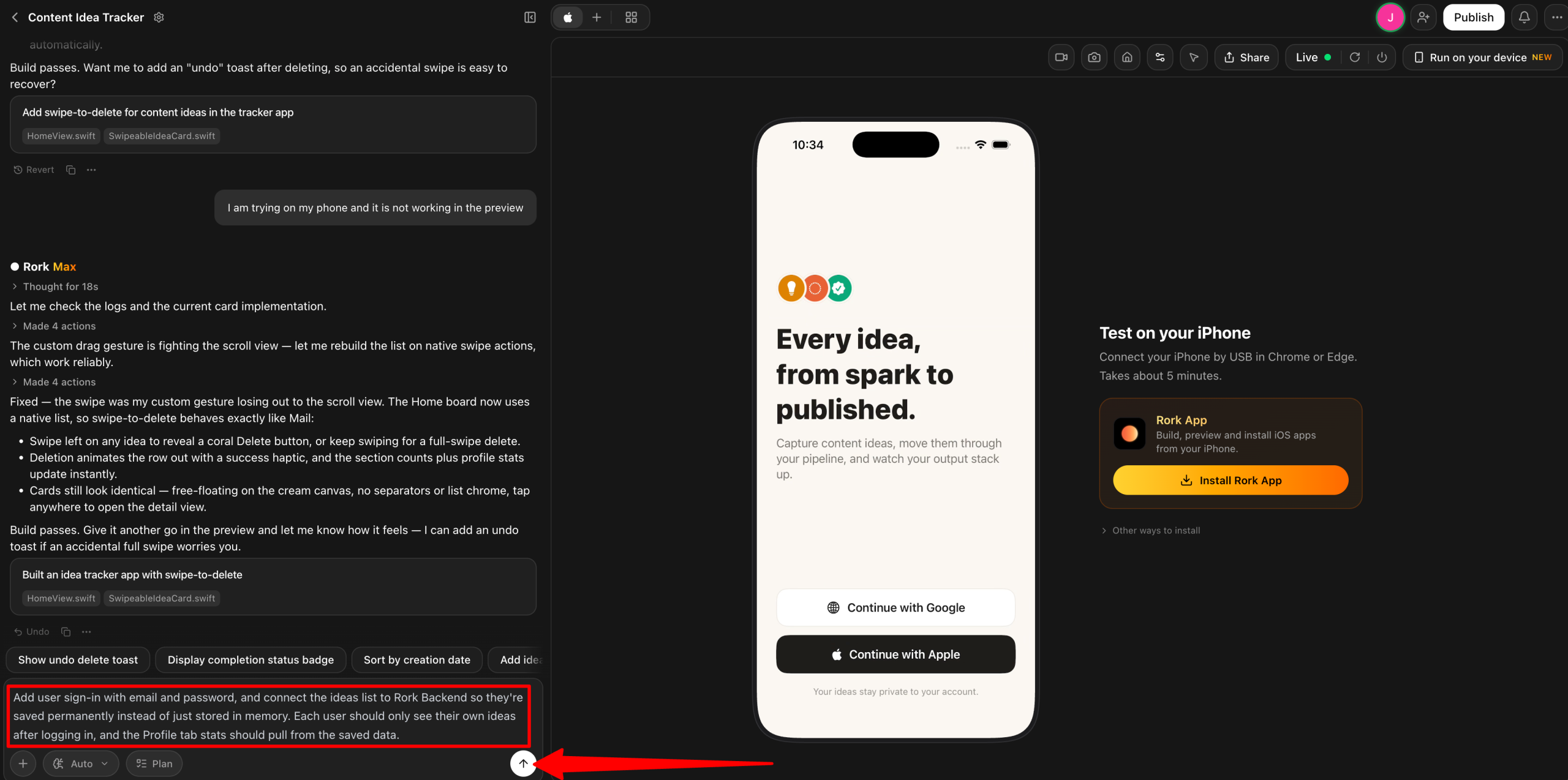 Asking Rork AI to add user sign-in and a place to store data.