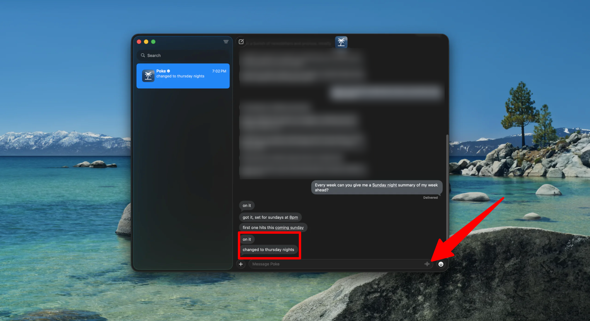 Recording a quick voice memo with a request and Poke processing it the same way it would a text.