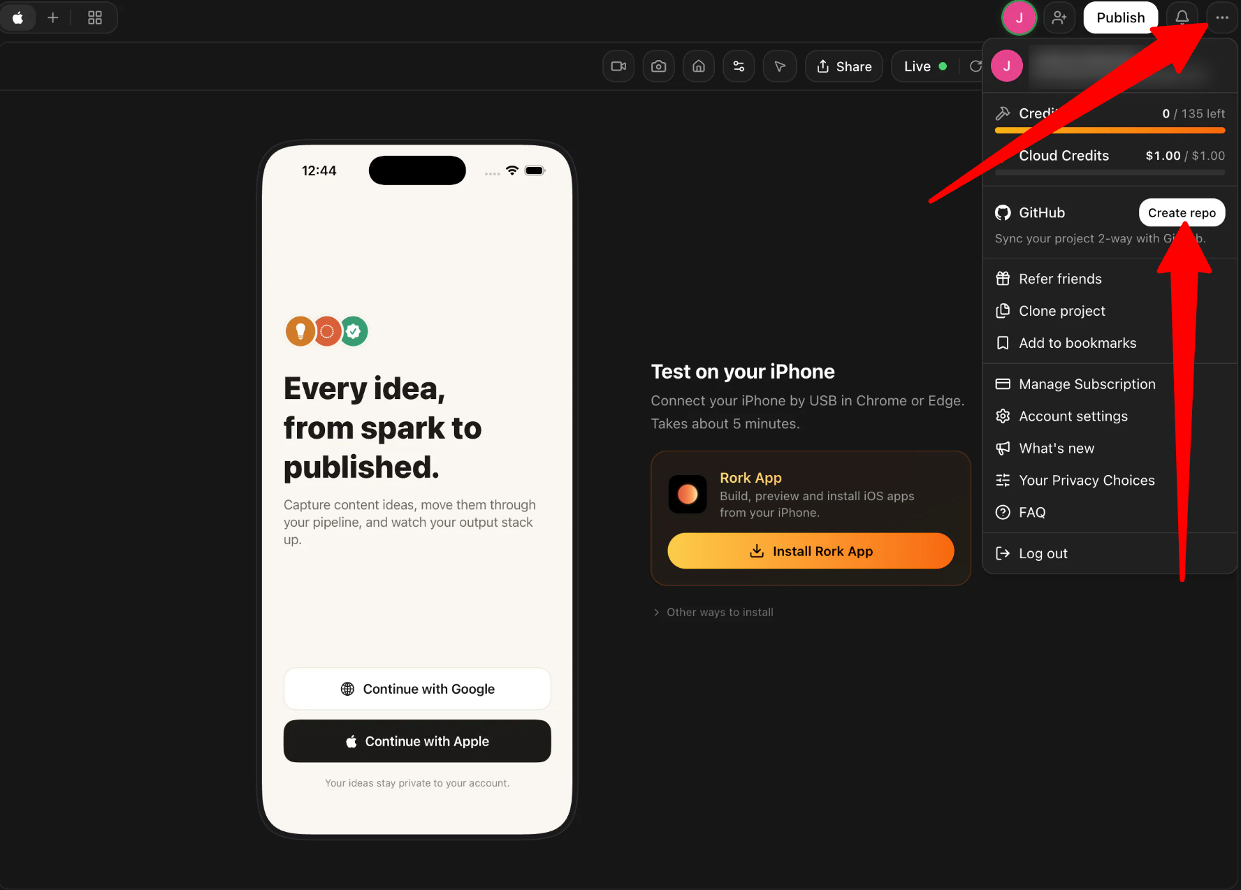 Creating a repo in GitHub from Rork AI.