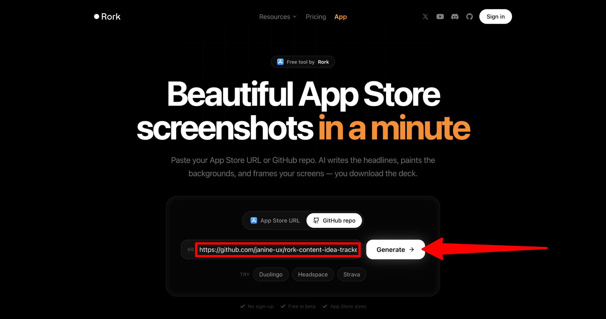 Pasting the repo link into Rork's Screenshot Studio to automatically generate screenshots formatted for an App Store listing.