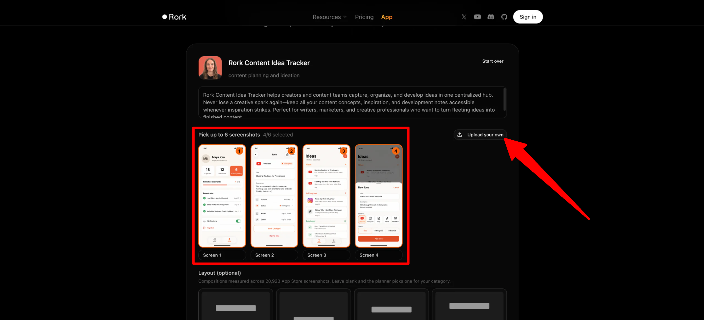 Uploaded screenshots from an app created with Rork to be turned into App Store screenshots.