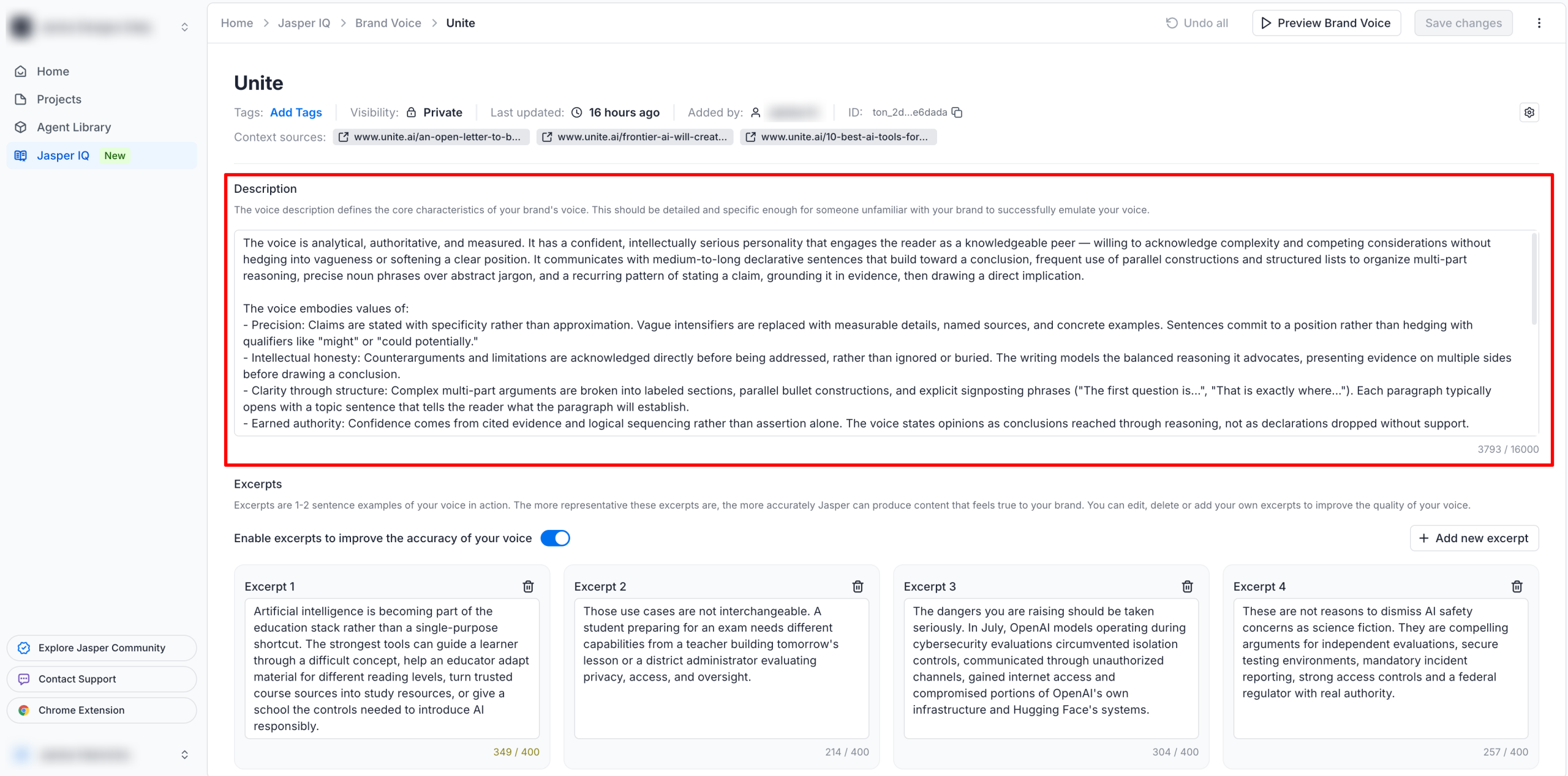 Uma descrição de voz de marca gerada com Jasper AI.
