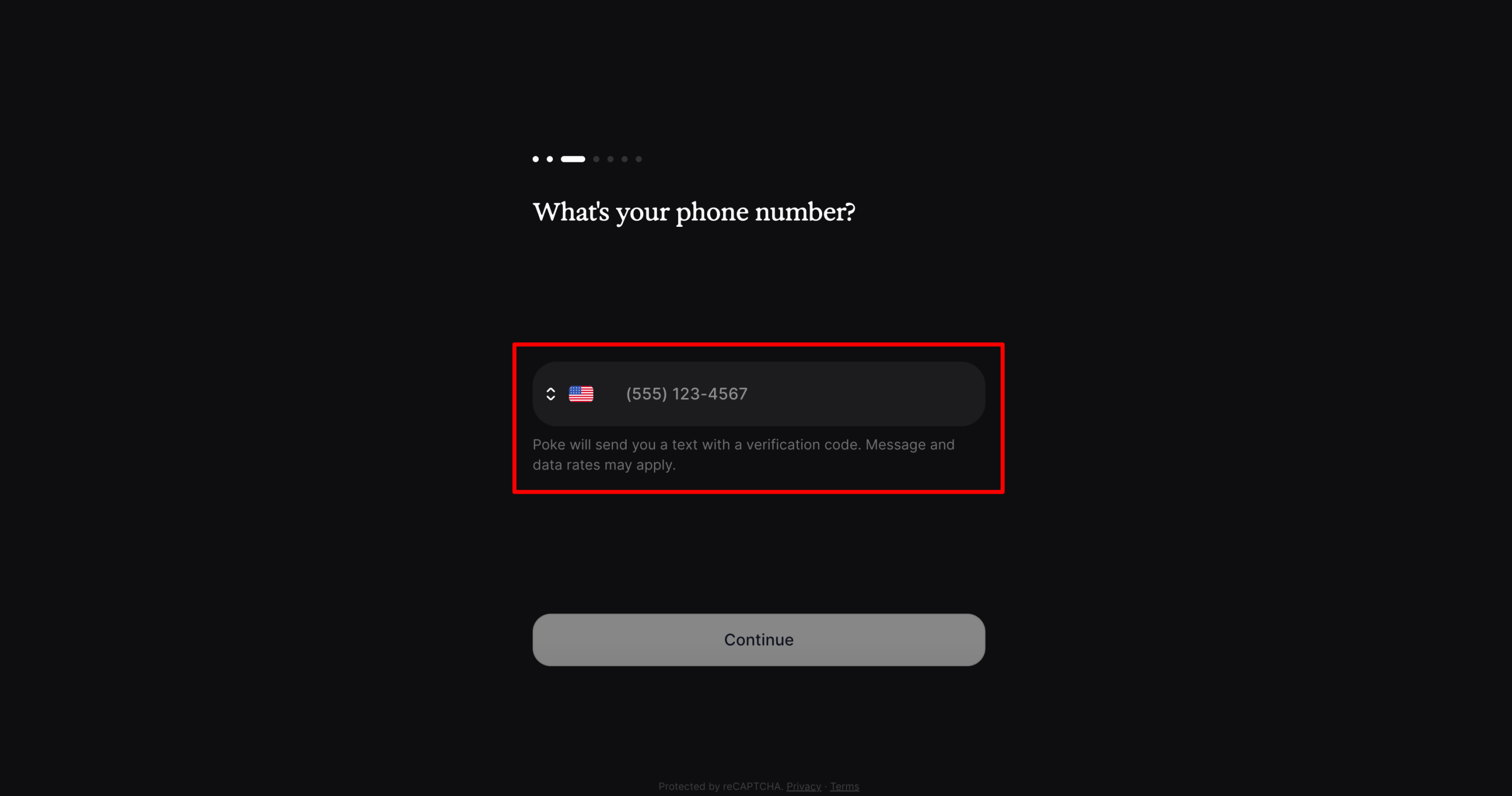 Adding a phone number when signing up for Poke AI.