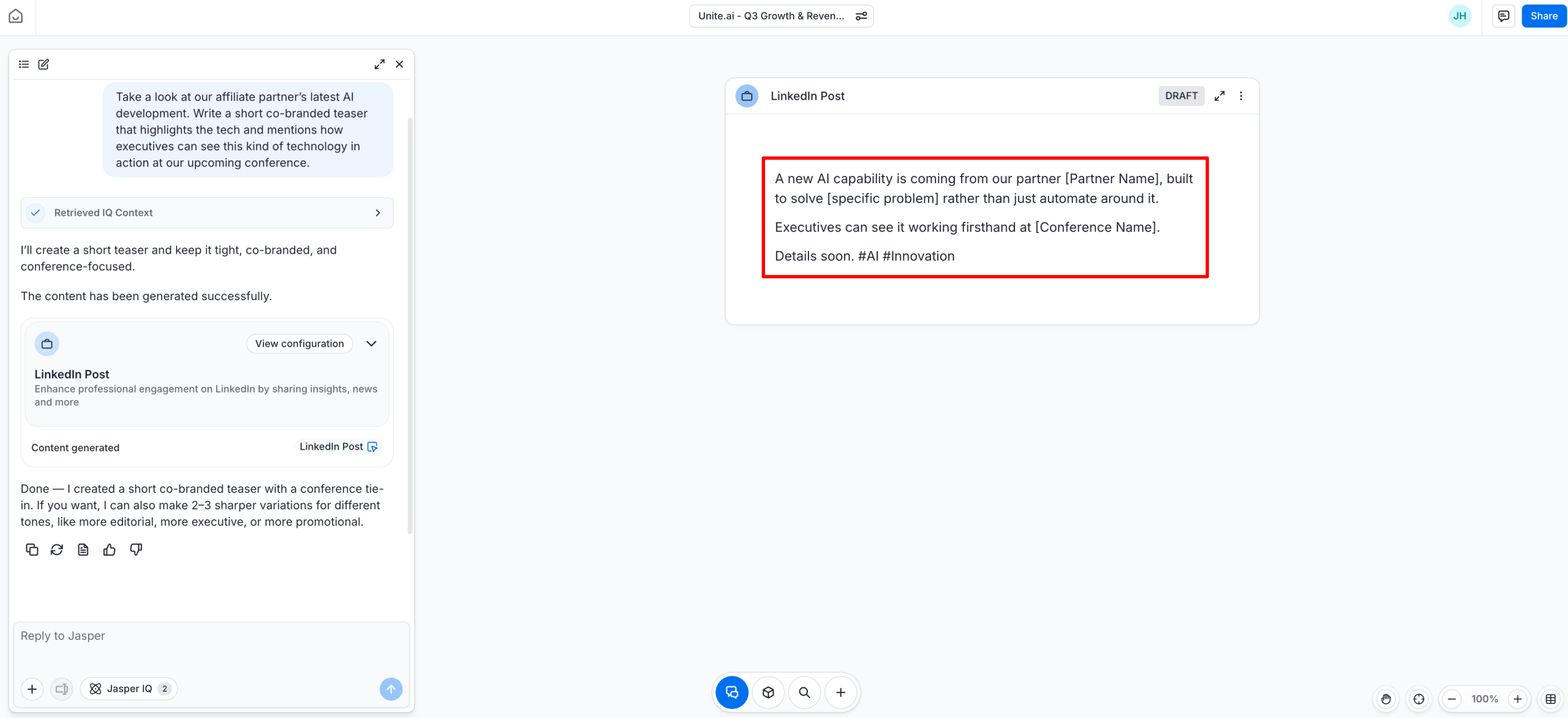 Gerando um post no LinkedIn com Jasper AI.