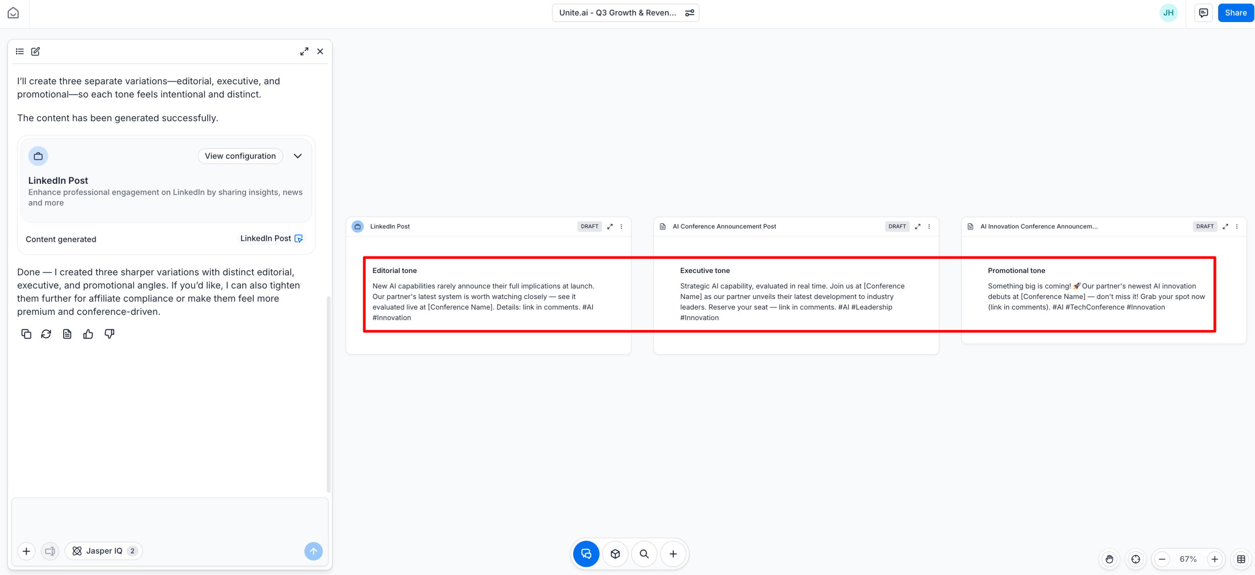 Fazendo o Jasper AI gerar um post no LinkedIn em três tons diferentes.