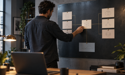 An operator updates a central reference card on a board connecting different business responsibilities.