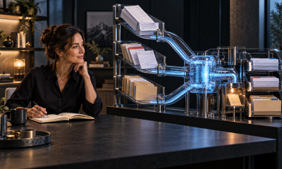 A business owner sits beside an illuminated glass system routing invoices, calendar cards and folders into organized trays.