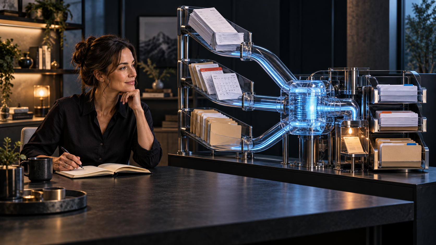 A business owner sits beside an illuminated glass system routing invoices, calendar cards and folders into organized trays.