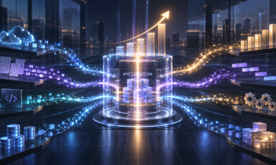 Abstract visualization of enterprise AI activity flowing into measurable business value