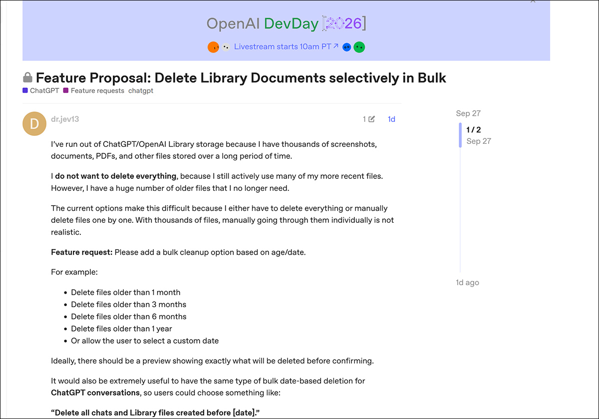 At the time of writing, this latest request for better deletion management was only posted yesterday. Source - https://community.openai.com/t/feature-proposal-delete-library-documents-selectively-in-bulk/1401354
