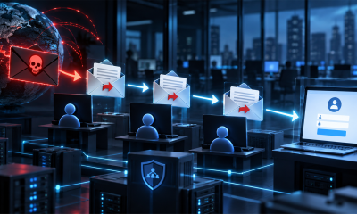 Illustration of a malicious email moving through a trusted internal forwarding chain toward a fake login page.