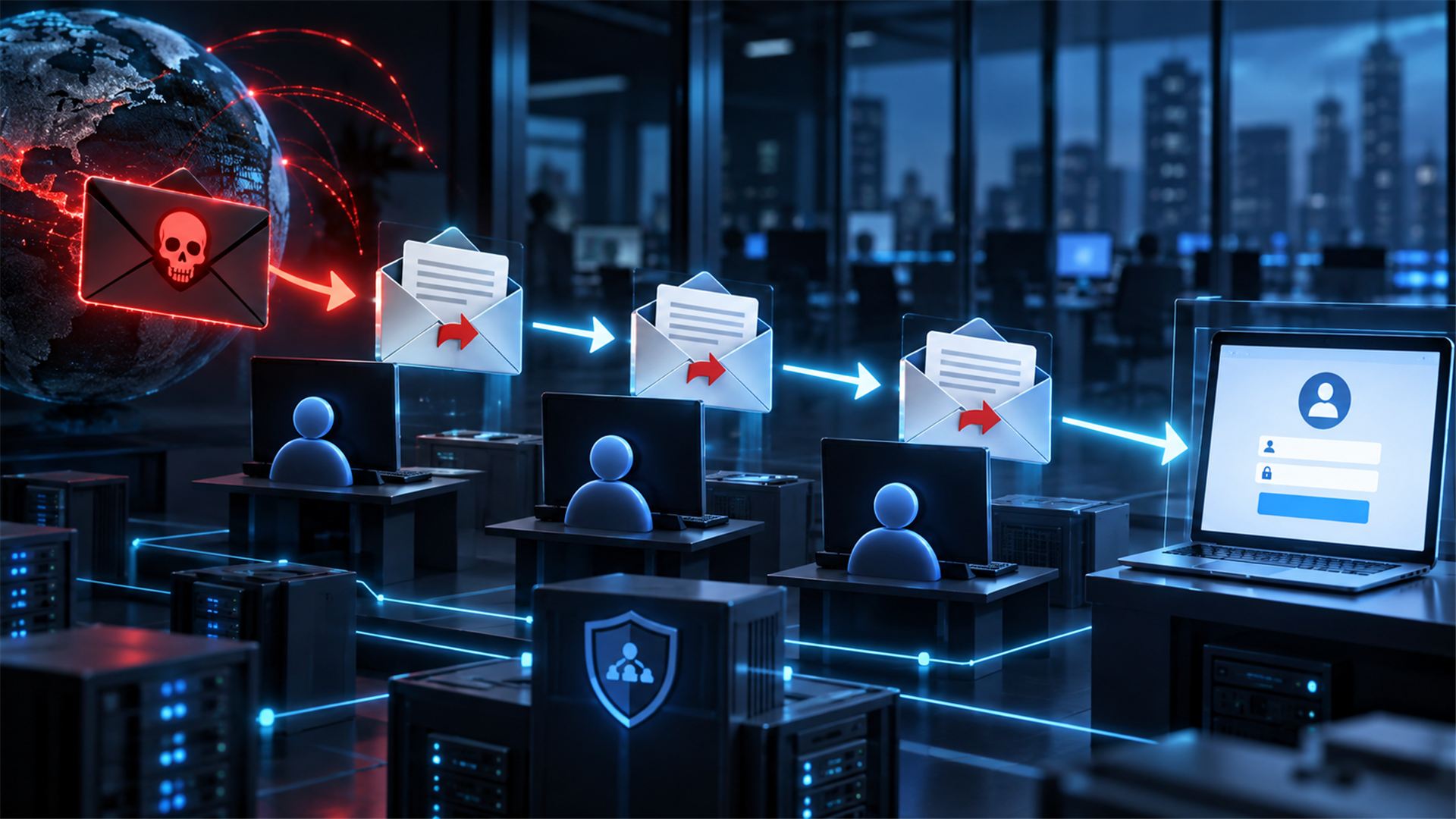 Illustration of a malicious email moving through a trusted internal forwarding chain toward a fake login page.