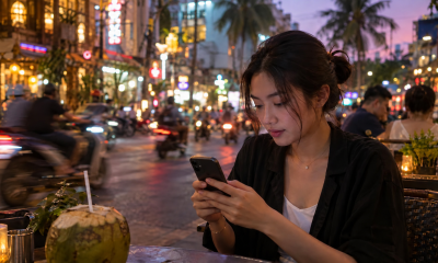Woman using a smartphone at an outdoor café, with the screen facing her.