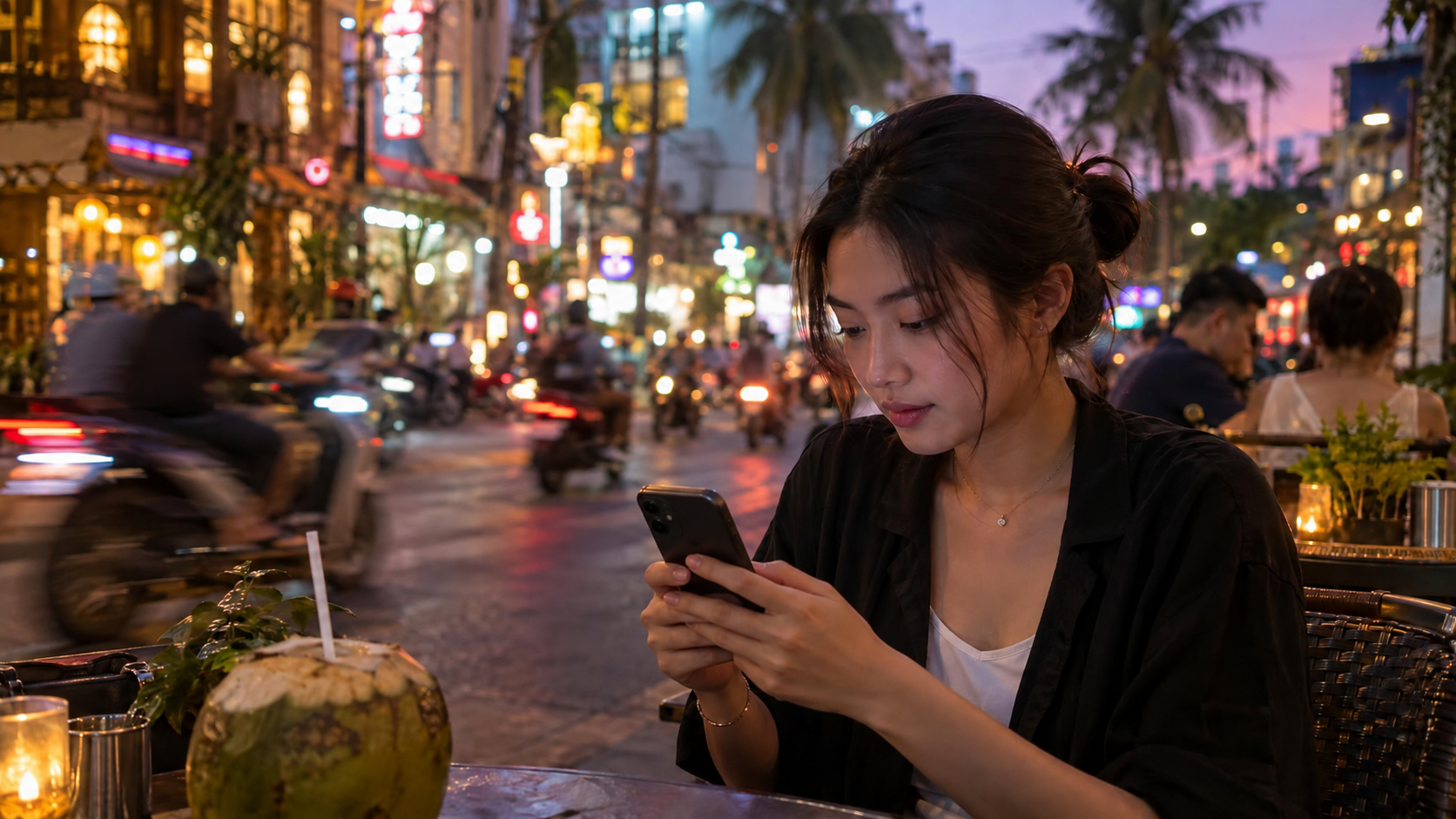 Woman using a smartphone at an outdoor café, with the screen facing her.