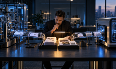 A reviewer compares work flowing from two distinct AI processing systems into a central quality check.