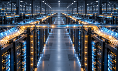 Rows of AI accelerator racks connected by luminous optical interconnects inside a hyperscale data center