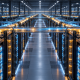Rows of AI accelerator racks connected by luminous optical interconnects inside a hyperscale data center