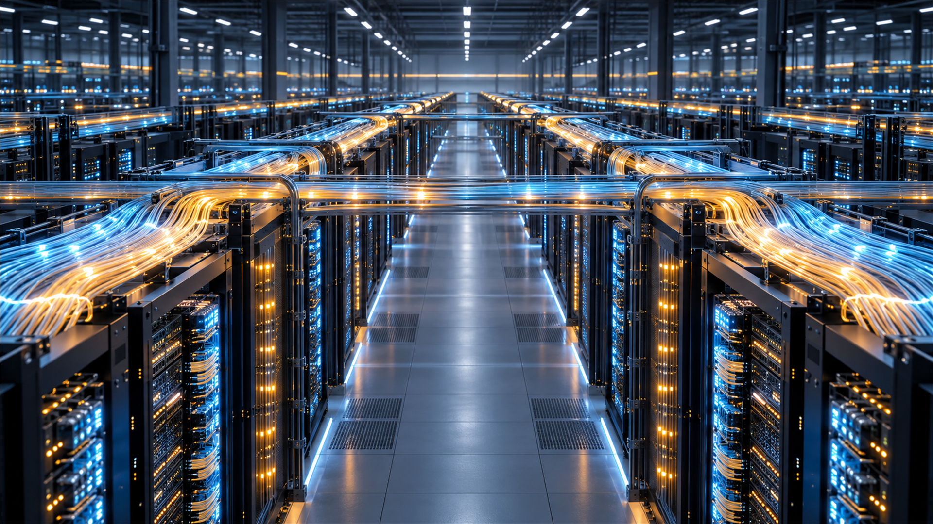 Rows of AI accelerator racks connected by luminous optical interconnects inside a hyperscale data center