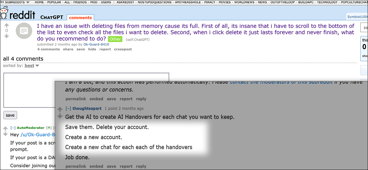 The 'nuclear' solution seen increasingly where the friction around upload deletion is discussed. Source - https://old.reddit.com/r/ChatGPT/comments/1v8bh96/i_have_an_issue_with_deleting_files_from_memory/