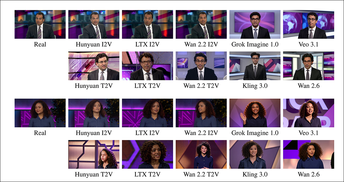 From the new dataset generated for the work, examples of image-to-video and text-to-video generated videos (below), compared to real videos on the left. The corpus concentrates on 'persuasive' and credible head-and-shoulders setups, which are among the most worrying genAI domains at the moment. Source - https://arxiv.org/pdf/2609.07369