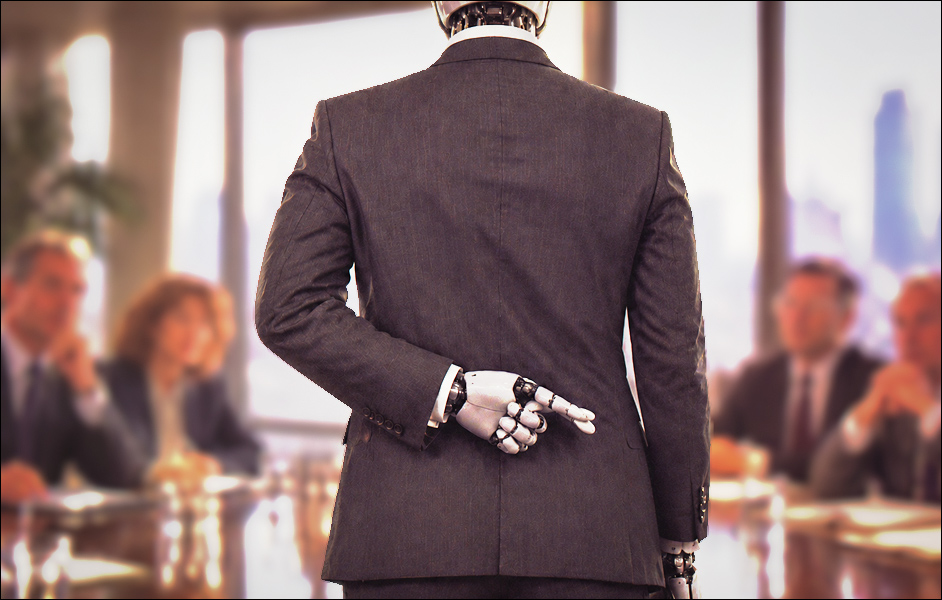 GPT Image 2 (AI-generated image): A humanoid robot wearing a dark suit stands with its back to the camera at a conference table, with one mechanical hand with fingers crossed behind its back. Blurred business attendees sit on both sides, with papers, glasses, windows, and a city view in the background.