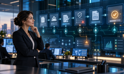 Enterprise procurement leader supervising a governed autonomous AI workflow spanning sourcing, contracts, risk checks, and invoice approval.