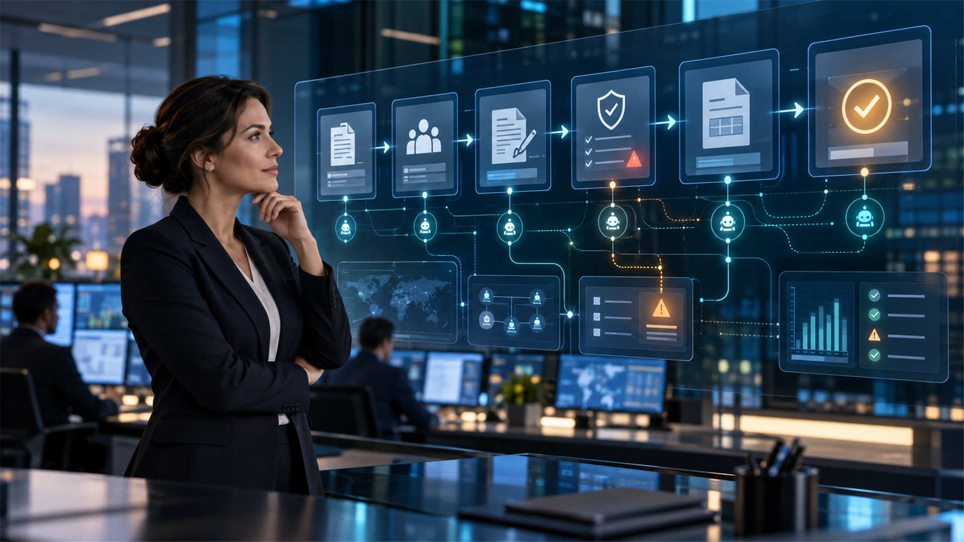 Enterprise procurement leader supervising a governed autonomous AI workflow spanning sourcing, contracts, risk checks, and invoice approval.