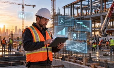 Construction superintendent using an AI-enabled tablet to coordinate workforce, costs, safety, and project operations on an active jobsite