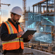 Construction superintendent using an AI-enabled tablet to coordinate workforce, costs, safety, and project operations on an active jobsite