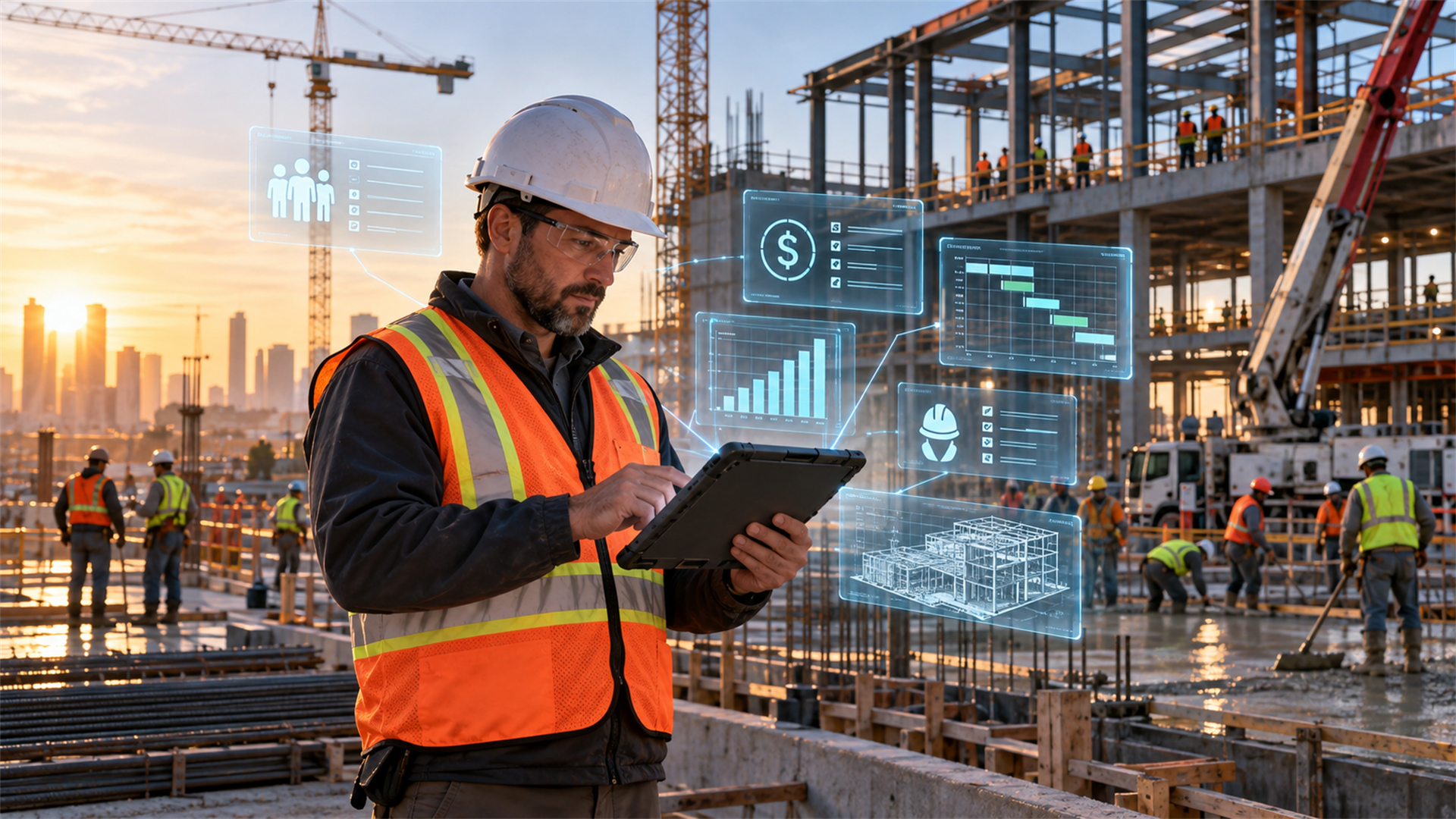 Construction superintendent using an AI-enabled tablet to coordinate workforce, costs, safety, and project operations on an active jobsite