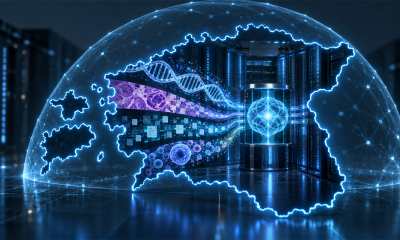 Conceptual illustration of secure Estonian health data flowing into an AI research system for oncology analysis.