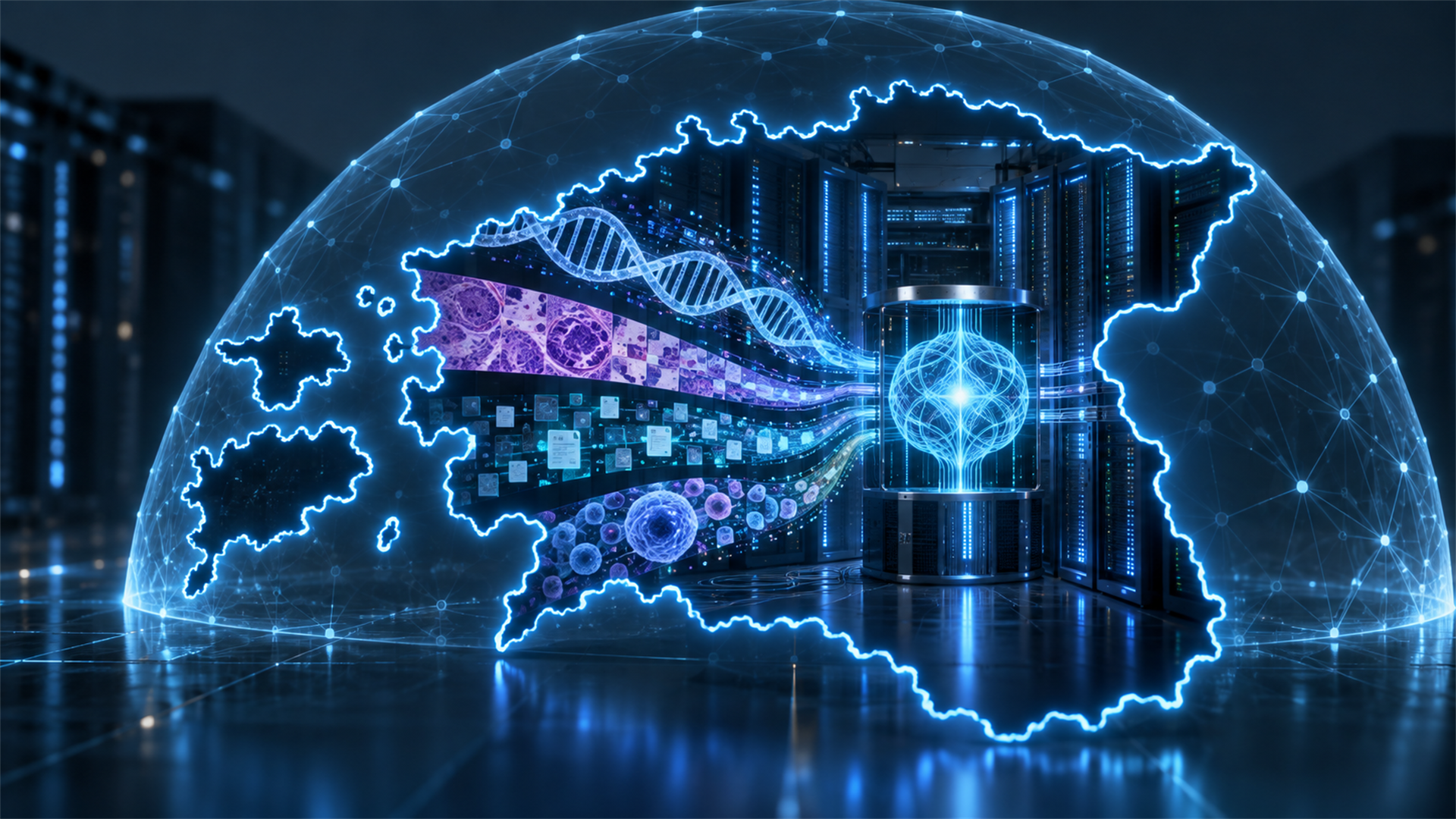 Conceptual illustration of secure Estonian health data flowing into an AI research system for oncology analysis.